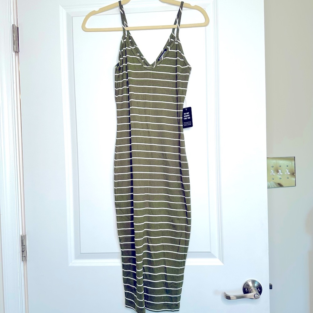 NWT olive green/white striped ribbed maxi dress